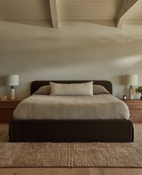platform bed, upholstered bed, bed frame, king size bed, bedroom furniture, brand awareness, lifestyle, minimalist, calm, luxurious, neutral, brown